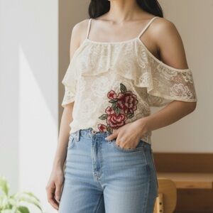 Bluebell Tank Top Lace Ruffle White Floral Embroidered